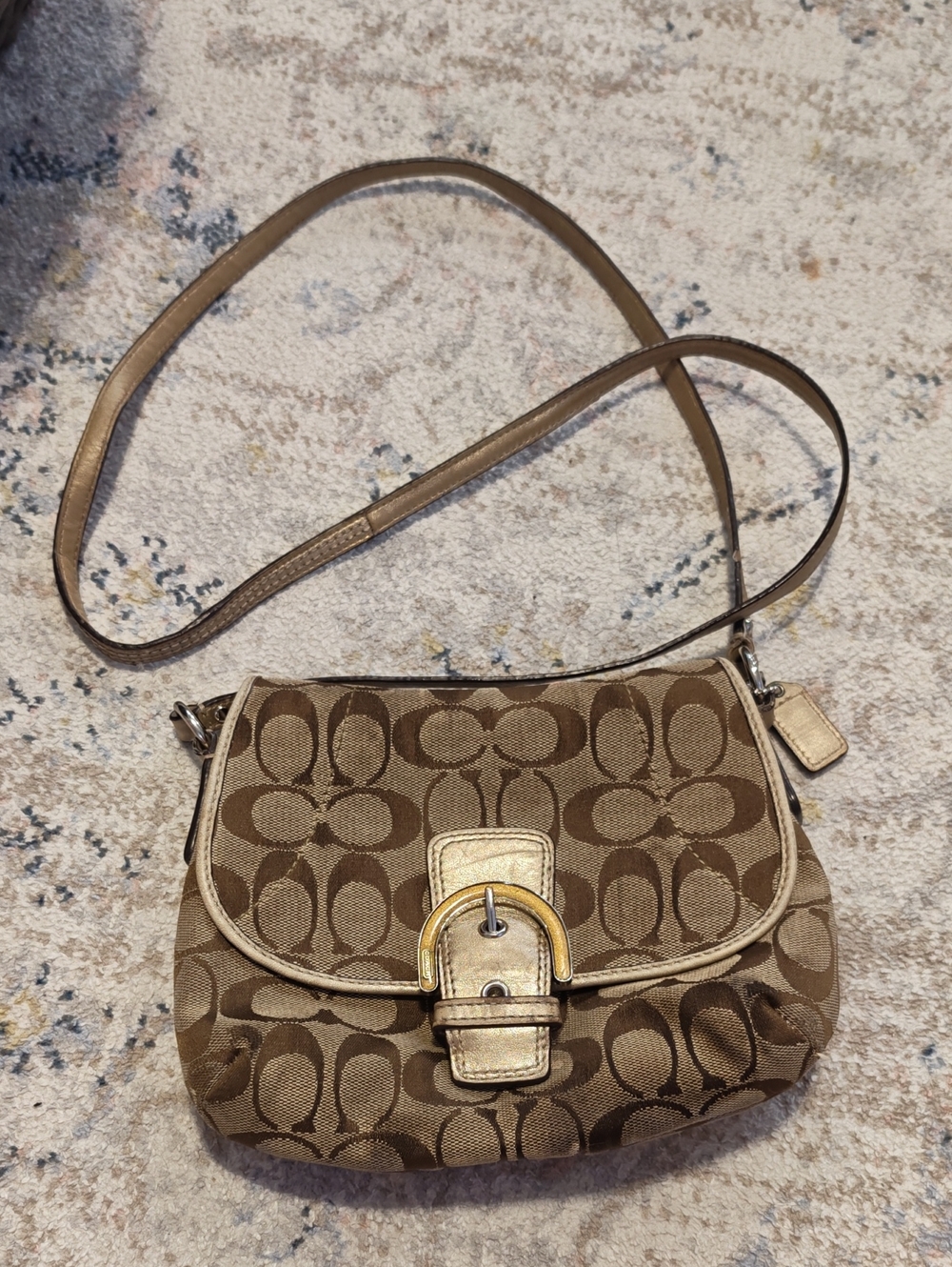 Coach Taupe and Tan Signature Canvas Crossbody with Buckle Detail